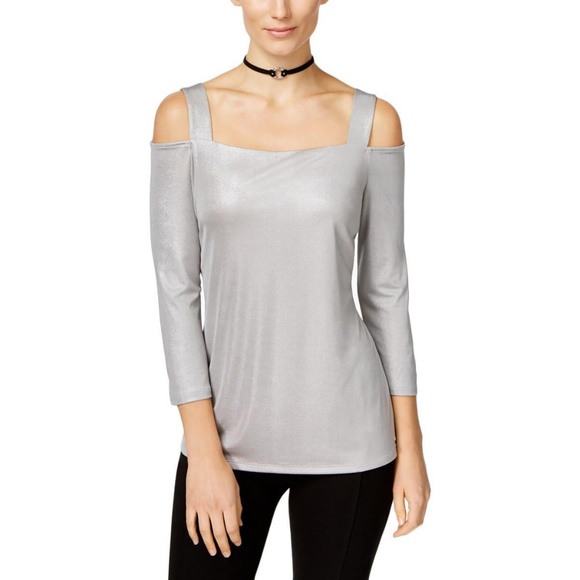 INC International Concepts Tops - INC Silver Stretch Cold Shoulder Top